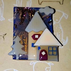 HANDMADE House Pins Brooch By Lucinda Collectable Acrylic & Glitter